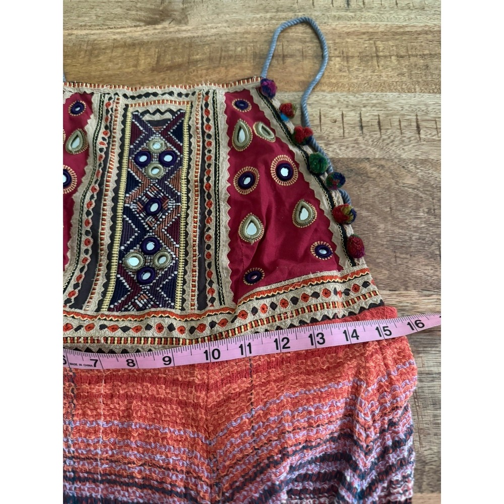 Free People Regina Midi Dress XS Boho Embroidered Mirror Pom Pom Open Back - Picture 8 of 9